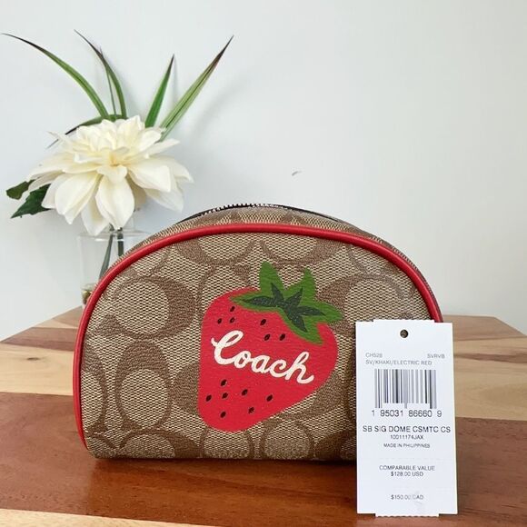 NWT Coach Dome Cosmetic Case In Signature Canvas With Wild Strawberry - Picture 2 of 7
